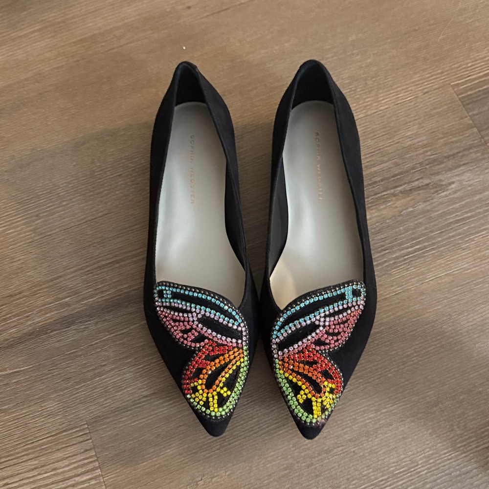 NWOT Sophia webster bibi black butterfly rhinestone embellished suede flats